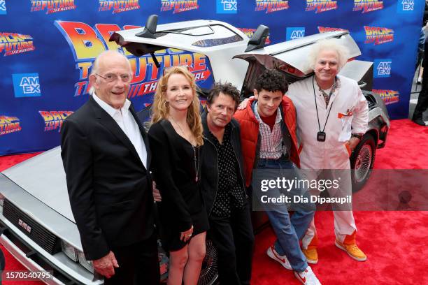 Christopher Lloyd, Lea Thompson, Michael J. Fox, Casey Likes, and Roger Bart attend the "Back To The Future: The Musical" Gala Performance at Winter...