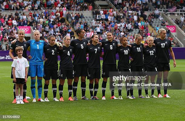 New Zealand line up prior to the Women's Football Quarter Final match between United States and New Zealand, on Day 7 of the London 2012 Olympic...