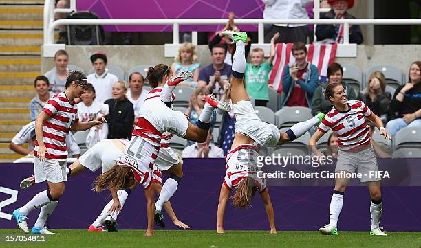 The USA celebrate the goal scored by Abby Wambach during the Women's Football Quarter Final match between United States and New Zealand, on Day 7 of...