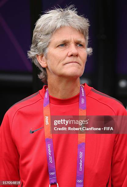 Pia Sundhage coach of the USA looks on prior the Women's Football Quarter Final match between United States and New Zealand, on Day 7 of the London...