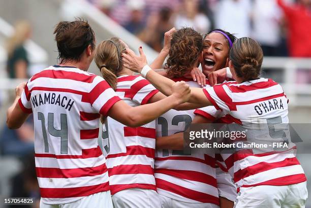 Sydney Leroux of the USA celebrates her goal during the Women's Football Quarter Final match between United States and New Zealand, on Day 7 of the...