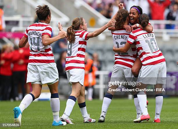 Sydney Leroux of the USA celebrates her goal during the Women's Football Quarter Final match between United States and New Zealand, on Day 7 of the...