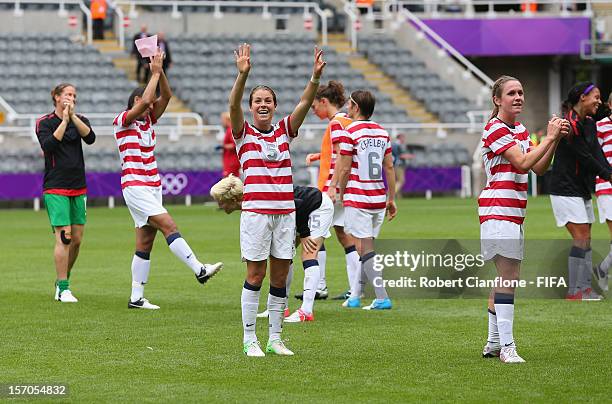 The USA celebrate after they defeated New Zealand at the Women's Football Quarter Final match between United States and New Zealand, on Day 7 of the...