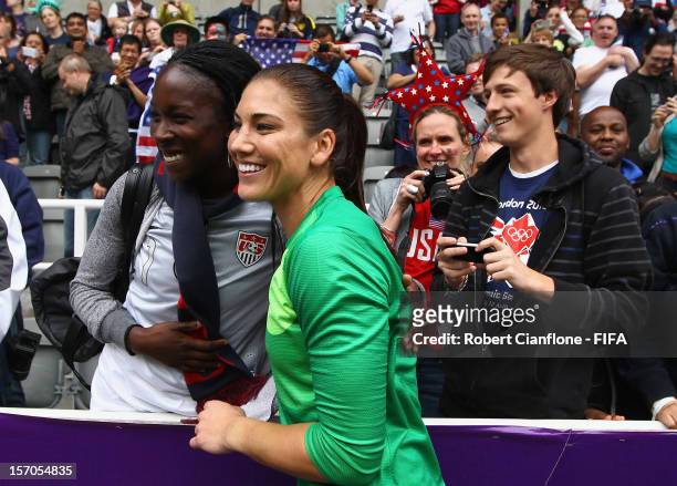 Hope Solo USA celebrates after the USA defeated New Zealand at the Women's Football Quarter Final match between United States and New Zealand, on Day...
