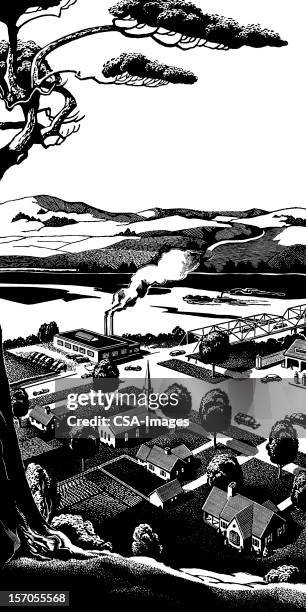 view of landscape from hill - downtown district photos stock illustrations
