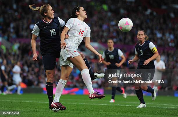 Jonelle Filigno of Canada battles with Rachel Buehler of USA during the Women's Football Semi Final match between Canada and USA, on Day 10 of the...