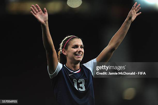 Alex Morgan of USA celebrates victory during the Women's Football Semi Final match between Canada and USA, on Day 10 of the London 2012 Olympic Games...