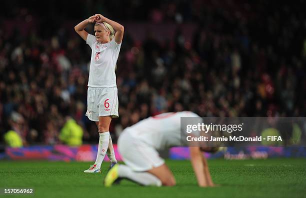 Dejection for Kaylyn Kyle of Canada during the Women's Football Semi Final match between Canada and USA, on Day 10 of the London 2012 Olympic Games...