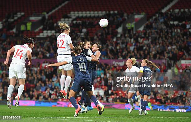 Christie Sinclair of Canada scores her third goal during the Women's Football Semi Final match between Canada and USA, on Day 10 of the London 2012...