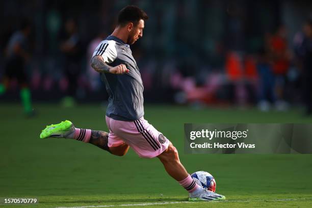 Lionel Messi of Inter Miami CF warms-up prior to the Leagues Cup 2023 match between Inter Miami CF and Atlanta United at DRV PNK Stadium on July 25,...