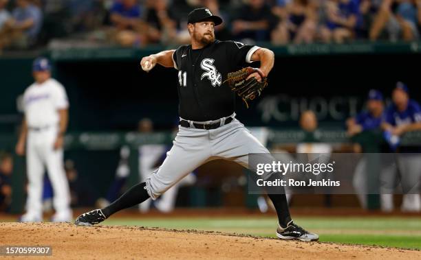 Bryan Shaw of the Chicago White Sox pitches against the Texas Rangers during the eighth inning at Globe Life Field on August 1, 2023 in Arlington,...