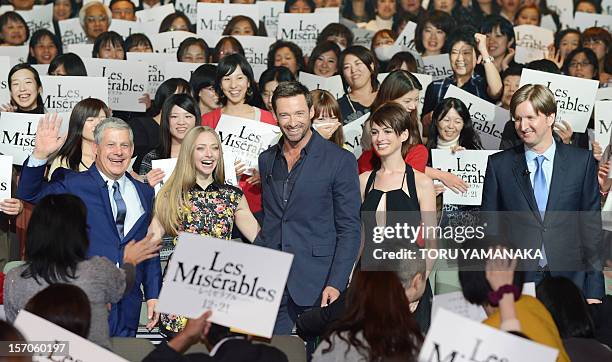 British producer Cameron Mackintosh, US actress Amanda Seyfreid, Australian actor Hugh Jackman, US actress Anne Hathaway and British director Tom...