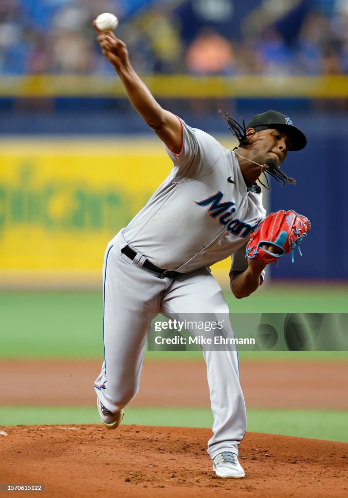 Miami Rays Edward Cabrera of the Miami Marlins pitches during a game against the ...