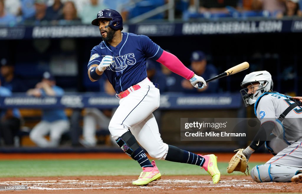 Miami Rays Yandy Diaz of the Tampa Bay Rays hits a 2 RBI single in the second ...