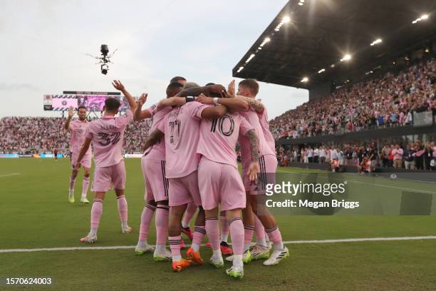 Lionel Messi of Inter Miami CF celebrates with his teammates after scoring a goal in the first half during the Leagues Cup 2023 match between Inter...