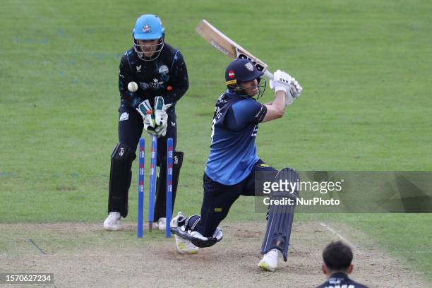 Migael Pretorius of Durham is dismissed during the Metro Bank One Day Cup match between Durham County Cricket Club and Worcestershire at the Seat...