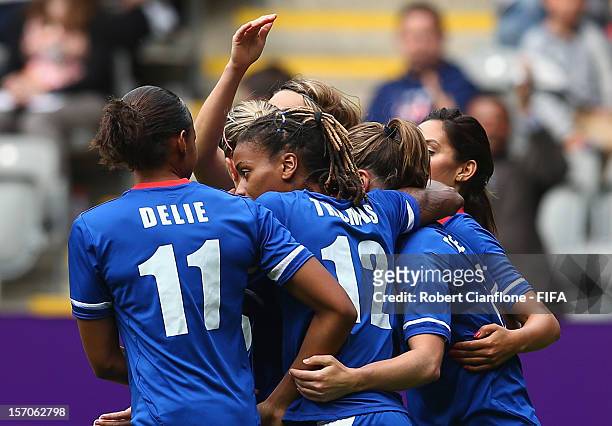 Elodie Thomis of France celebrates her goal during the Women's Football first round Group G match between France and Colombia on Day 4 of the London...