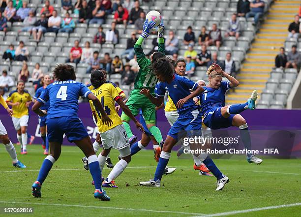 Colombian goalkeeper Sandra Sepulveda makes a save during the Women's Football first round Group G match between France and Colombia on Day 4 of the...