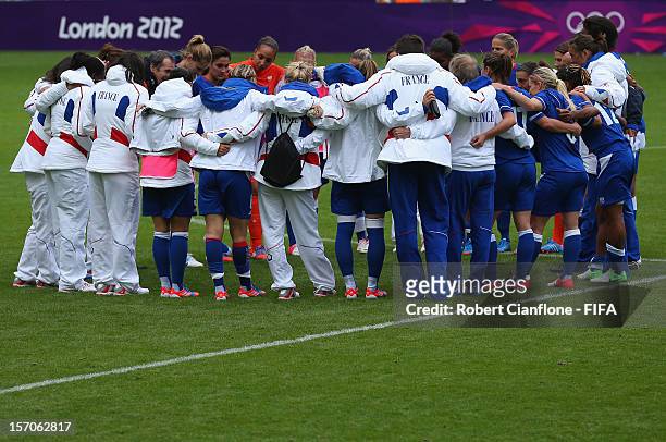 France celebrate after they defeated Colombia at the Women's Football first round Group G match between France and Colombia on Day 4 of the London...