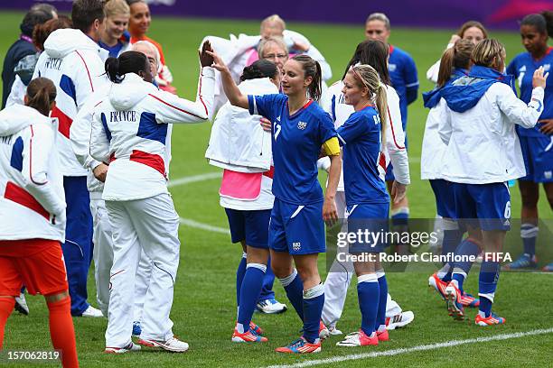 France celebrate after they defeated Colombia at the Women's Football first round Group G match between France and Colombia on Day 4 of the London...