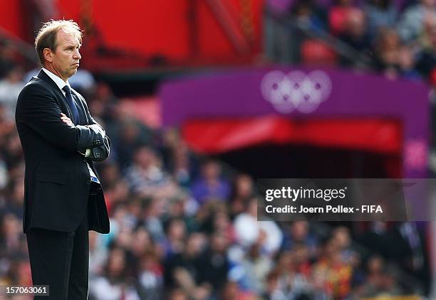 Head coach Pim Verbeek of Marocco looks on during the Men's Football first round Group D match between the Spain and Morocco on Day 5 of the London...