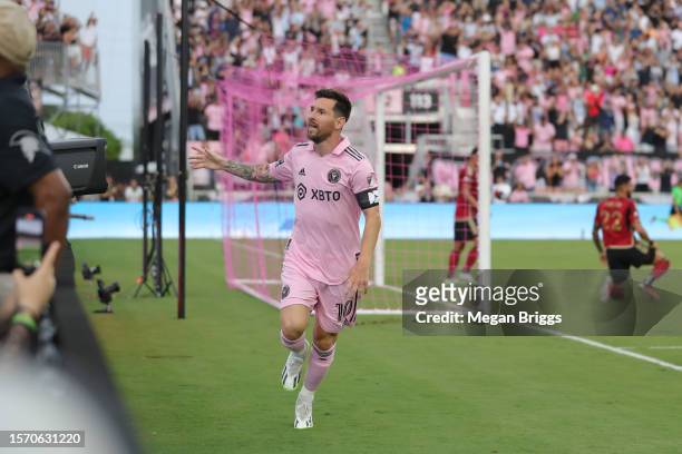 Lionel Messi of Inter Miami CF celebrates after scoring a goal in the first half during the Leagues Cup 2023 match between Inter Miami CF and Atlanta...
