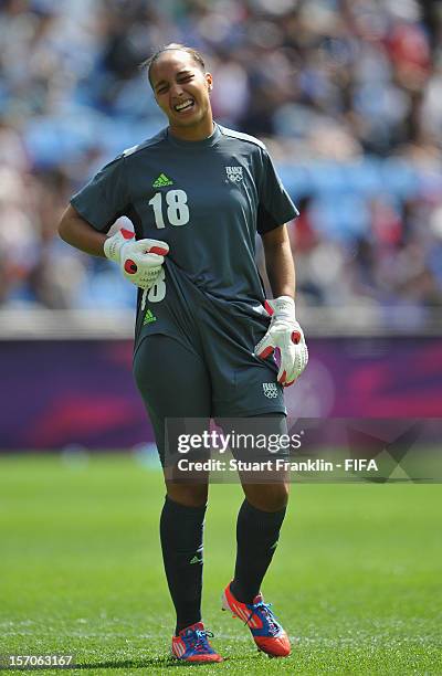 Sarah Bouhaddi of France reacts during the Olympic womens bronze medal match between Canada and France on day 13 of the London 2012 Olympic Games at...