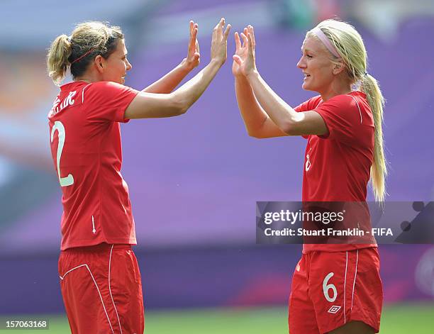 Christine Sinclair and Kaylyn Kyle of Canada celebrate at the end of the Olympic womens bronze medal match between Canada and France on day 13 of the...