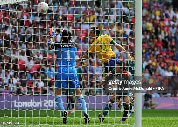 Leandro Damiao of Brazil heads at goal during the Men's Football Gold Medal match between Brazil and Mexico on Day 15 of the London 2012 Olympic...