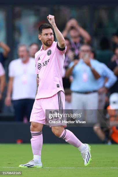 Lionel Messi of Inter Miami CF celebrates after scoring a goal in the first half during the Leagues Cup 2023 match between Inter Miami CF and Atlanta...