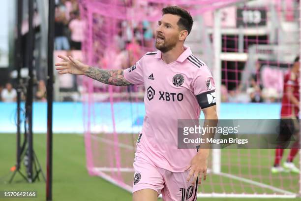 Lionel Messi of Inter Miami CF celebrates after scoring a goal in the first half during the Leagues Cup 2023 match between Inter Miami CF and Atlanta...