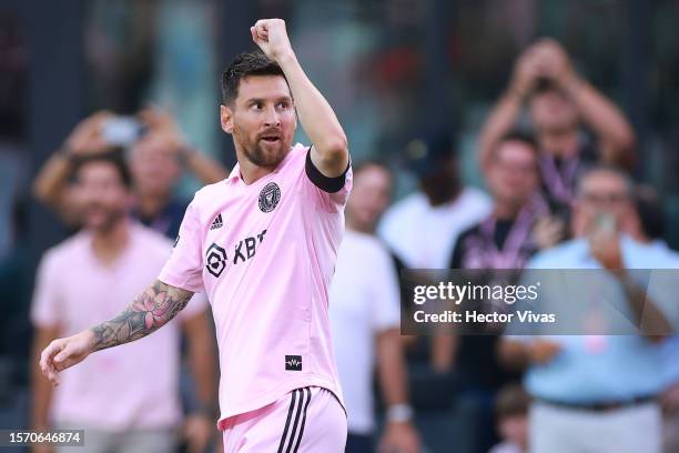 Lionel Messi of Inter Miami CF celebrates after scoring a goal in the first half during the Leagues Cup 2023 match between Inter Miami CF and Atlanta...