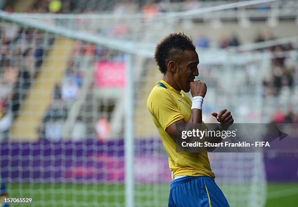 Pierre Aubameyang of Gabon reacts during the Olympic mens football match between Gabon and Switzerland at St James' Park on July 26, 2012 in...