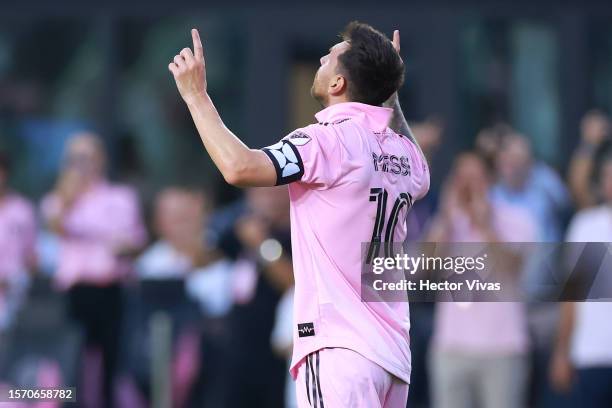 Lionel Messi of Inter Miami CF celebrates after scoring a goal in the first half during the Leagues Cup 2023 match between Inter Miami CF and Atlanta...