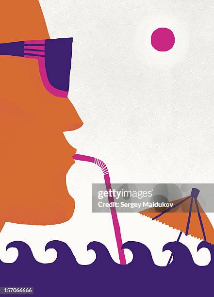 the man drinking the sea - barcelona beach stock illustrations