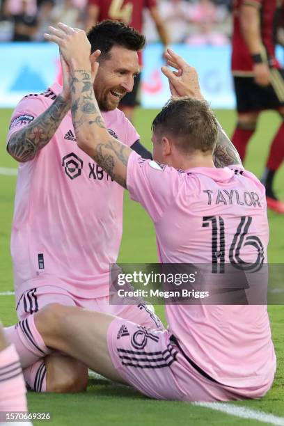 Lionel Messi of Inter Miami CF celebrates with Robert Taylor after scoring a goal in the first half during the Leagues Cup 2023 match between Inter...