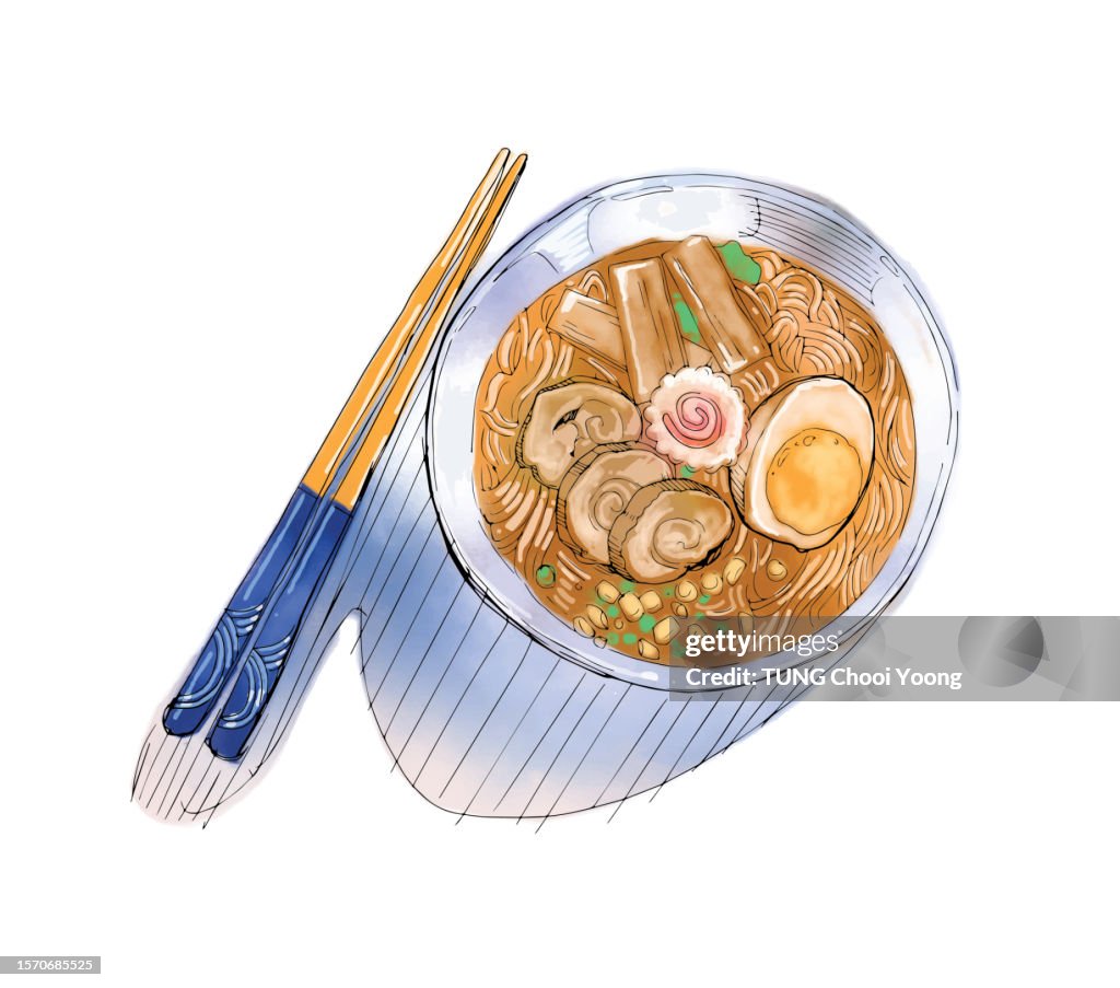 Ramen soup. Japanese noodle. Korean noodle. Authentic food in watercolor. Vector file.