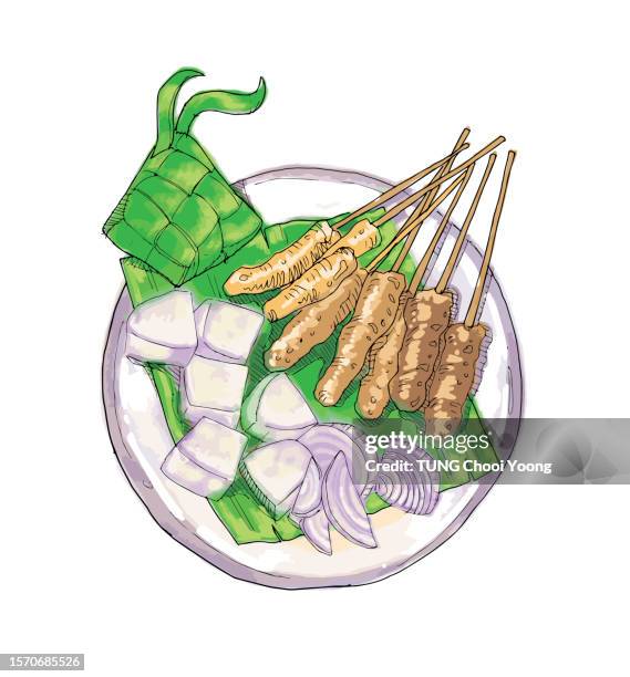 ilustrações, clipart, desenhos animados e ícones de palito de carne com bolo de arroz. satay e ketupat com efeito aquarela. malásia cultura comida. arquivo vetorial. - banhando