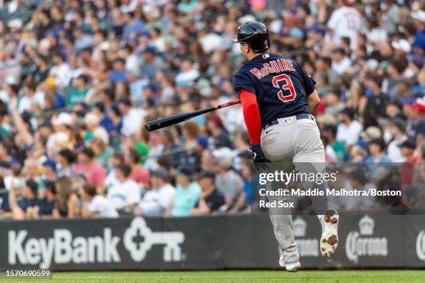 Reese McGuire of the Boston Red Sox reacts after hitting a home run during the sixth inning of a game against the Seattle Mariners on August 1, 2023...