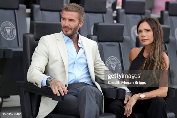 Co-owner David Beckham of Inter Miami CF and wife Victoria Beckham look on prior to the Leagues Cup 2023 match between Inter Miami CF and Atlanta...