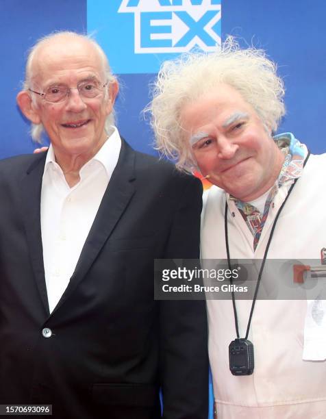 Christopher Lloyd and Roger Bart pose at the Michael J. Fox Foundation opening night gala performance "Back to the Future: The Musical" at The Winter...