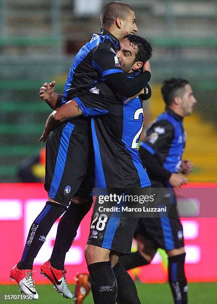 Giuseppe De Luca of Atalanta BC celebrates his goal with team-mates Davide Brivio during the TIM Cup match between Atalanta BC and AC Cesena at...