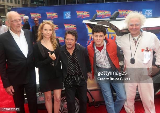 Christopher Lloyd, Lea Thompson, Michael J. Fox, Casey Likes and Roger Bart pose at the Michael J. Fox Foundation opening night gala performance...