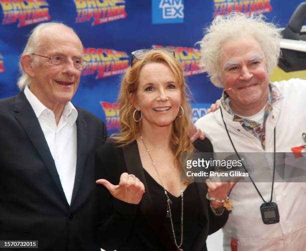 Christopher Lloyd, Lea Thompson and Roger Bart pose at the Michael J. Fox Foundation opening night gala performance "Back to the Future: The Musical"...