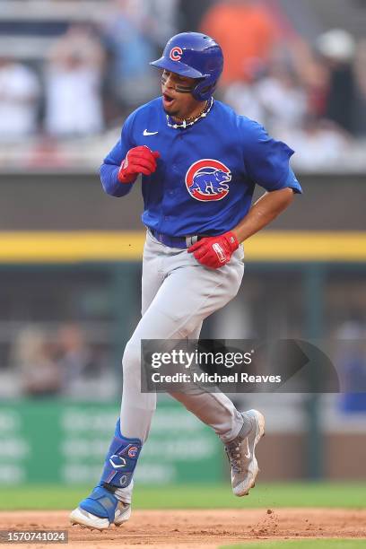 Christopher Morel of the Chicago Cubs celebrates after hitting a solo home run off Michael Kopech of the Chicago White Sox during the second inning...