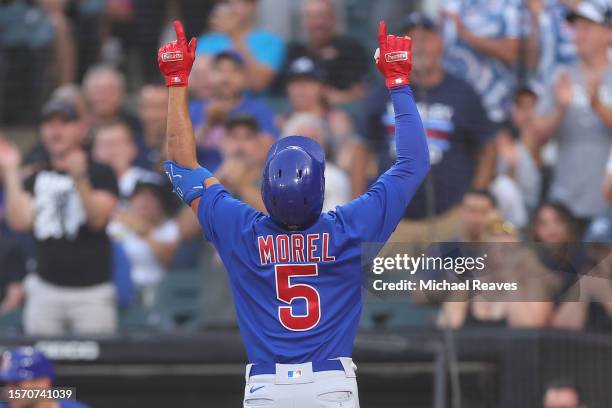 Christopher Morel of the Chicago Cubs celebrates after hitting a solo home run off Michael Kopech of the Chicago White Sox during the second inning...