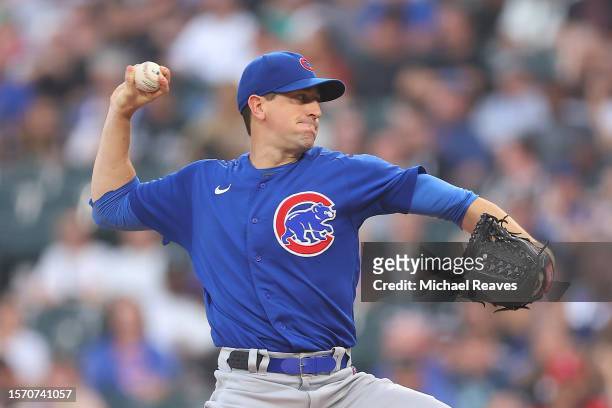 Kyle Hendricks of the Chicago Cubs delivers a pitch against the Chicago White Sox during the second inning at Guaranteed Rate Field on July 25, 2023...