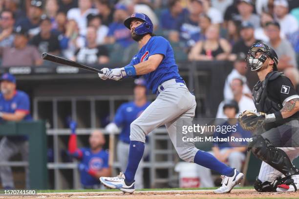 Dansby Swanson of the Chicago Cubs hits a two-run home run off Michael Kopech of the Chicago White Sox during the second inning at Guaranteed Rate...