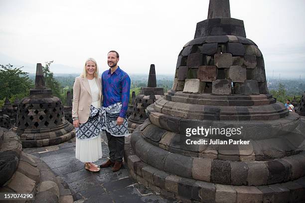 Crown Prince Haakon of Norway and Crown Princess Mette-Marit of Norway visit Borobudur Temple, near Yogyakarta, during an official 3-day visit to...