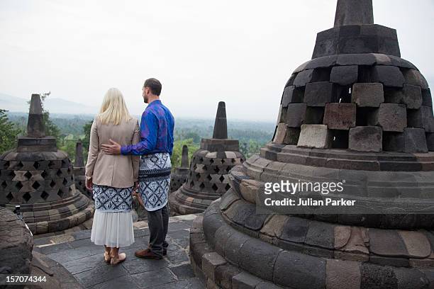 Crown Prince Haakon of Norway and Crown Princess Mette-Marit of Norway visit Borobudur Temple, near Yogyakarta, during an official 3-day visit to...
